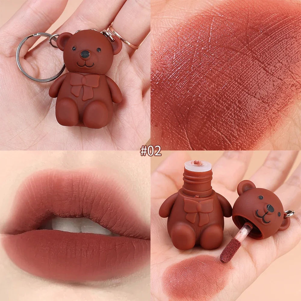 Water Light Mirror Lip Glaze Waterproof Long Lasting Cute Bear Keychain Lip Gloss Silky Smooth Liquid Lipstick Women Lip Makeup