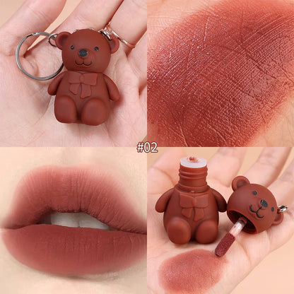 Water Light Mirror Lip Glaze Waterproof Long Lasting Cute Bear Keychain Lip Gloss Silky Smooth Liquid Lipstick Women Lip Makeup