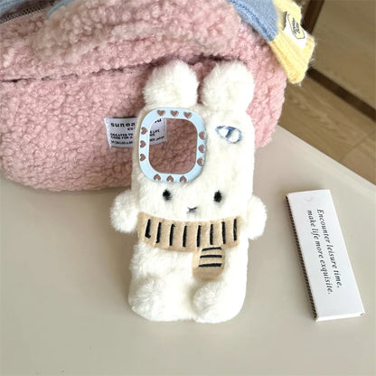 Kawaii Plush Bunny Teddy Bear Phone Case 🐰✨ for iPhone 12-16 Pro Max – Adorable Custom Scarf Design!