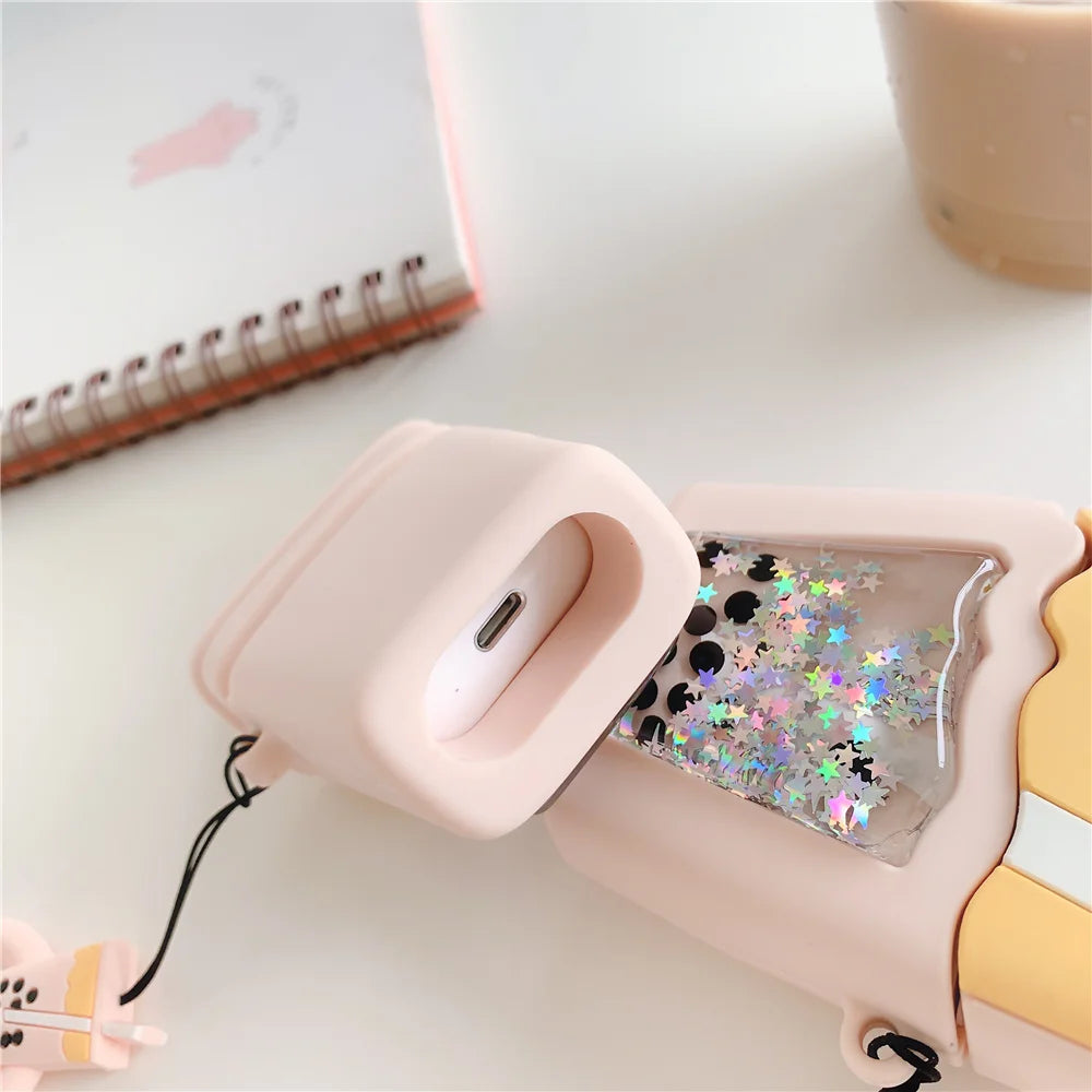 Kawaii Quicksand Glitter Bubble Milk Tea AirPods Pro Case 🌟🍵 | Cute 3D Silicone Cover for Wireless Earphones 🎧✨
