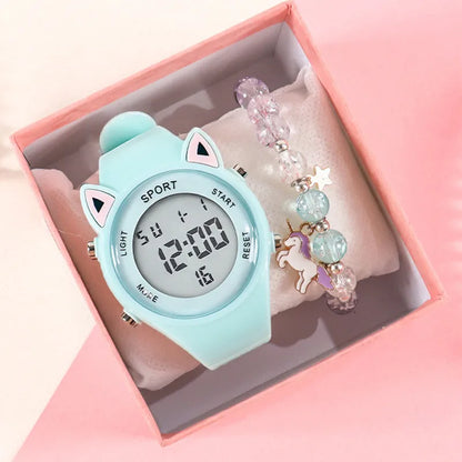 Kawaii Cat Ear Silicone Watch & Unicorn Bracelet Set 🐾✨ | Multi-Functional Fun for Kids! 🌈💖