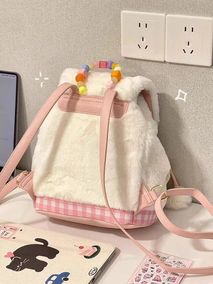 Kawaii Plush Heart Plaid Backpack 🎒✨ Cute Mochila for Students & Commuters 💖 All-match Women's School Bag!
