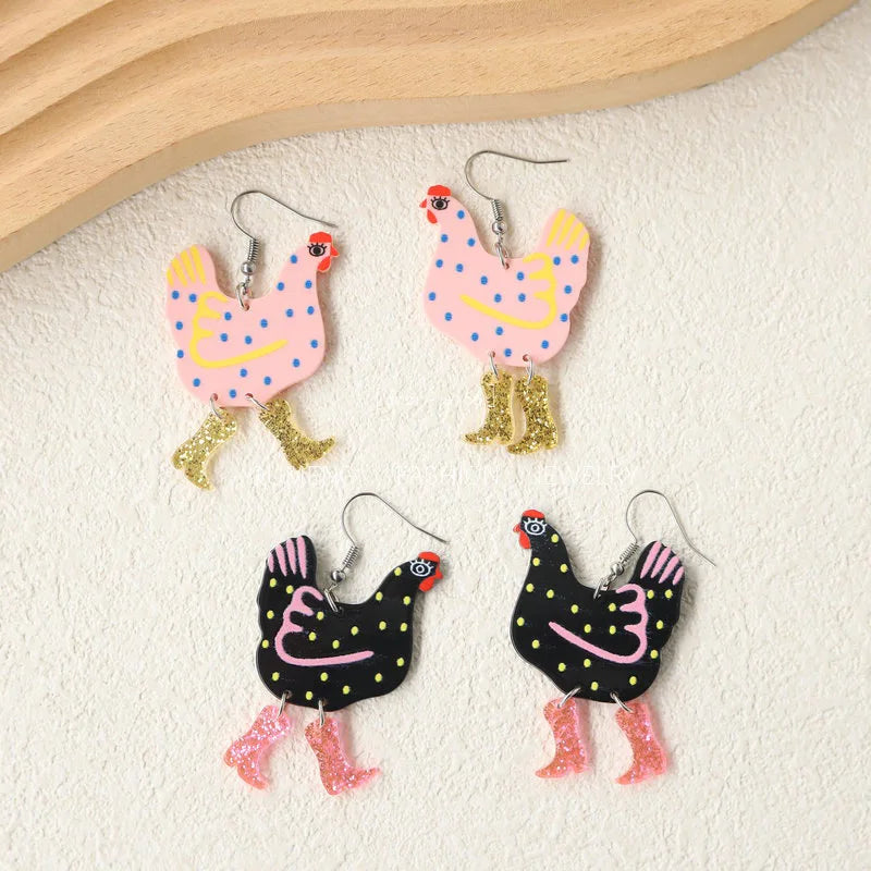 Kawaii Chicken High Heels Boots Earrings 🐔✨ Colorful Acrylic Dangle Jewelry for Trendy Women & Girls! 🎉💖