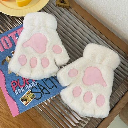 Fluffy Cat Paw Gloves Plush Mittens For Women Warm Half Finger Cozy Bear 🐱🐻