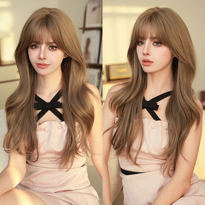 Kawaii Dreamy Sakura Pink Wavy Wig 🌸✨ | High-Density Curly Hair with Bangs for Sweet Girls 💖🎀