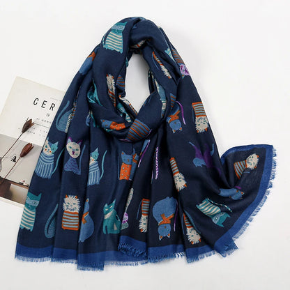 Playful Cat Print Fringed Scarf Women Cotton Viscose 180x85 Cm 🐈✨