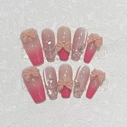 Kawaii Shimmering 10Pcs Handmade Press-On Nails ✨💖 Bowknot Design Coffin Style - Cute & Elegant Full Cover Nail Tips!