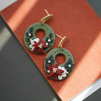 Handmade Floral Wreath Polymer Clay Pattern Earrings Set Multi Color Christmas Dangle Jewelry 🎄🌸✨
