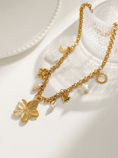 Star Butterfly Moon Flower Shell Pearl Pendant Necklace In Stainless Steel Gold Tone For Women Cute Gift 🌟🌙💖