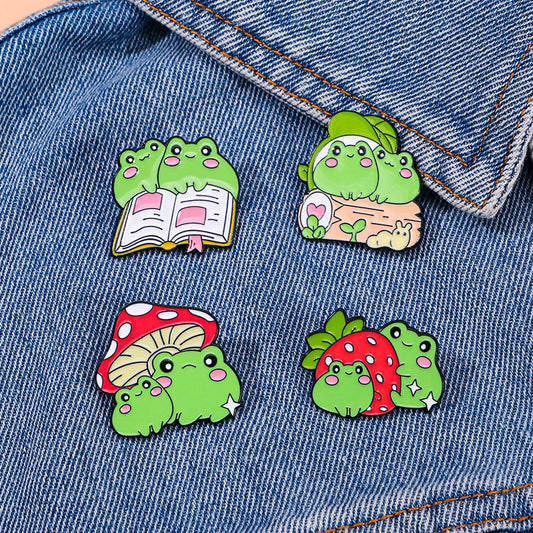 🍓🐸 Adorable Kawaii Strawberry & Frog Couple Enamel Pins - Cute Backpack Brooches! 🌟