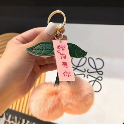 Fluffy Rex Rabbit Fur Ball Pompom Leaf Keychain Cherry Charm 🐰🍒✨