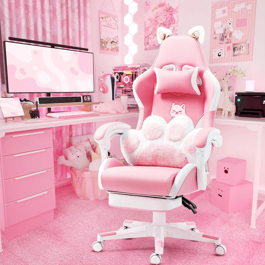 Kawaii Cat Ears Gaming Chair 🐾💖 | Ergonomic Pink PC Chair with Plush Lumbar Cushion & Footrest 🐱✨