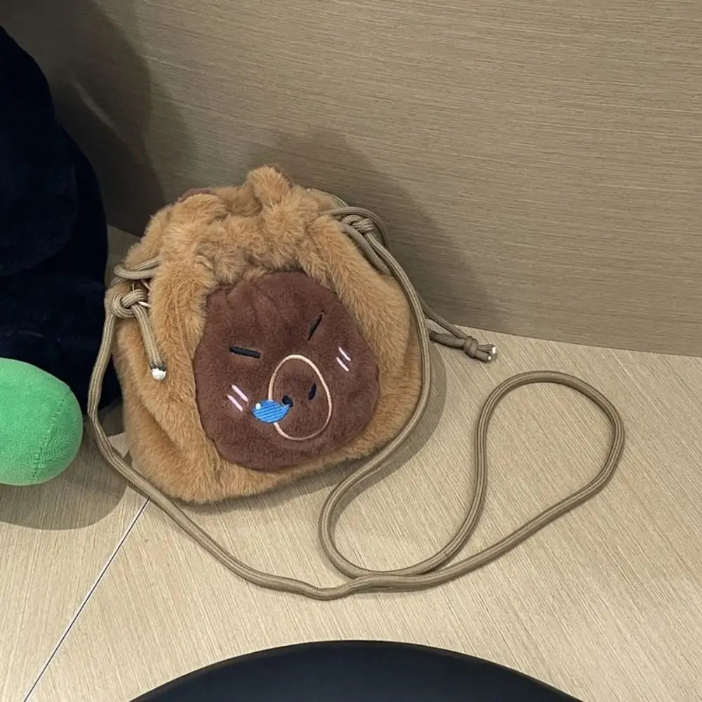 Kawaii Capybara Plush Crossbody Bag 🐾✨ | Cute Drawstring Bucket Pouch for Phone & Coins 🎒💖