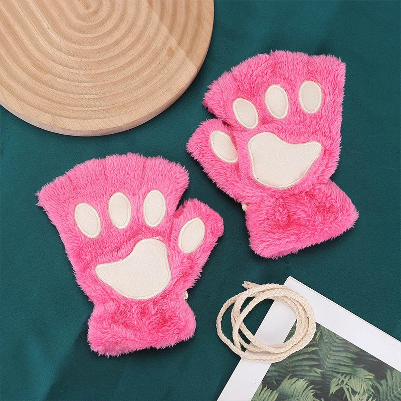 Kawaii Cat Paw Half Finger Gloves 🐾❄️ Cozy & Cute Fluffy Design!