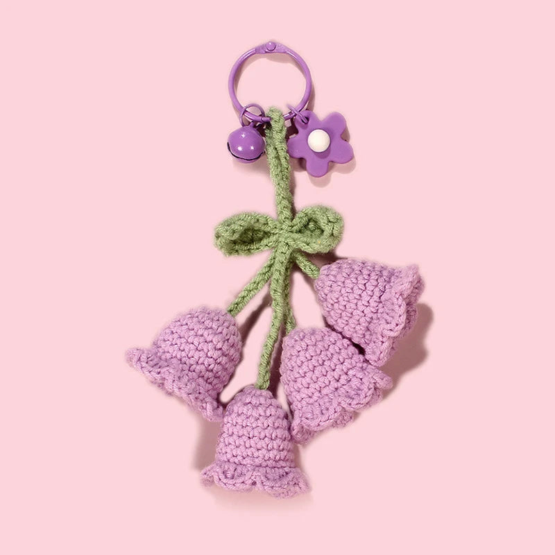 Fluffy Knitted Flower Keychain With Bell 🔔 Crocheted Wool Bag Charm For Women