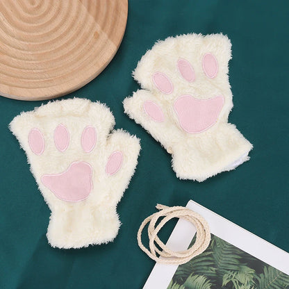 Kawaii Cat Paw Half Finger Gloves 🐾❄️ Cozy & Cute Fluffy Design!