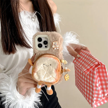 Kawaii Plush Bread Change Purse Phone Case for iPhone 16/15/14/13 Pro Max 🍞💖 Shockproof & Adorable Cartoon Design!