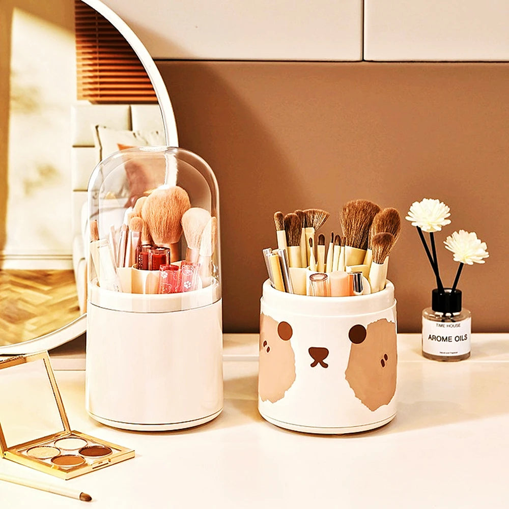 Adorable 360° Rotating Bear Makeup Brush Holder 🐻💖 - Cute Cosmetic Organizer with Lid for Brushes, Lipsticks & More! 🌈✨