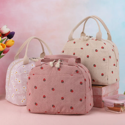 Kawaii Corduroy Lunch Bag 🌼🍓 | Insulated & Spacious Tote for Women, Girls & Kids - Perfect for Work, Travel & Picnics!