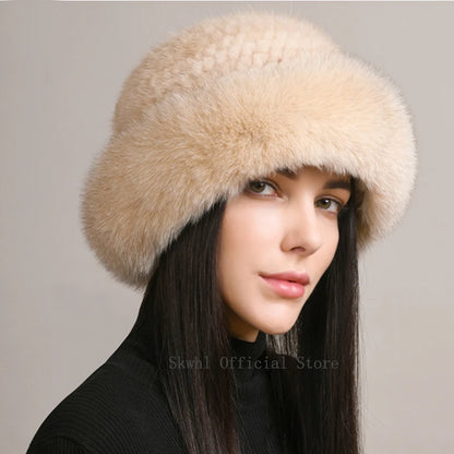 Kawaii Handmade Knitted Mink & Fox Fur Beanie 🎀✨ | Luxury Winter Hat for Stylish Women 🧣❄️