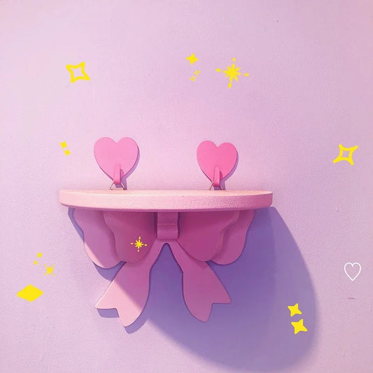 Kawaii Pink Bow Wooden Wall Shelf 🌸✨ | Cute Girly Cosmetic Rack for Heartfelt Room Decor 💖🏡