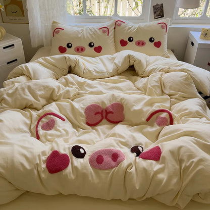 Kawaii Pink Pig Bedding Set 🐷💖 | 4-Piece Duvet Cover & Pillowcase Set for Kids' Rooms | Soft Polyester Comforter Cover | Perfect Gift for Girls 🛏️✨