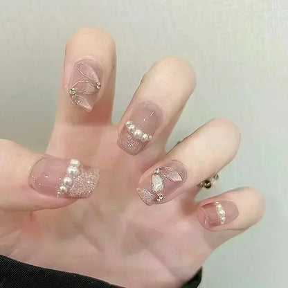 Kawaii Blush Pink Glitter Cat Eye Press-On Nails 💖✨ | 24Pcs Cute Coffin Full Cover Short Square Nail Art Tips