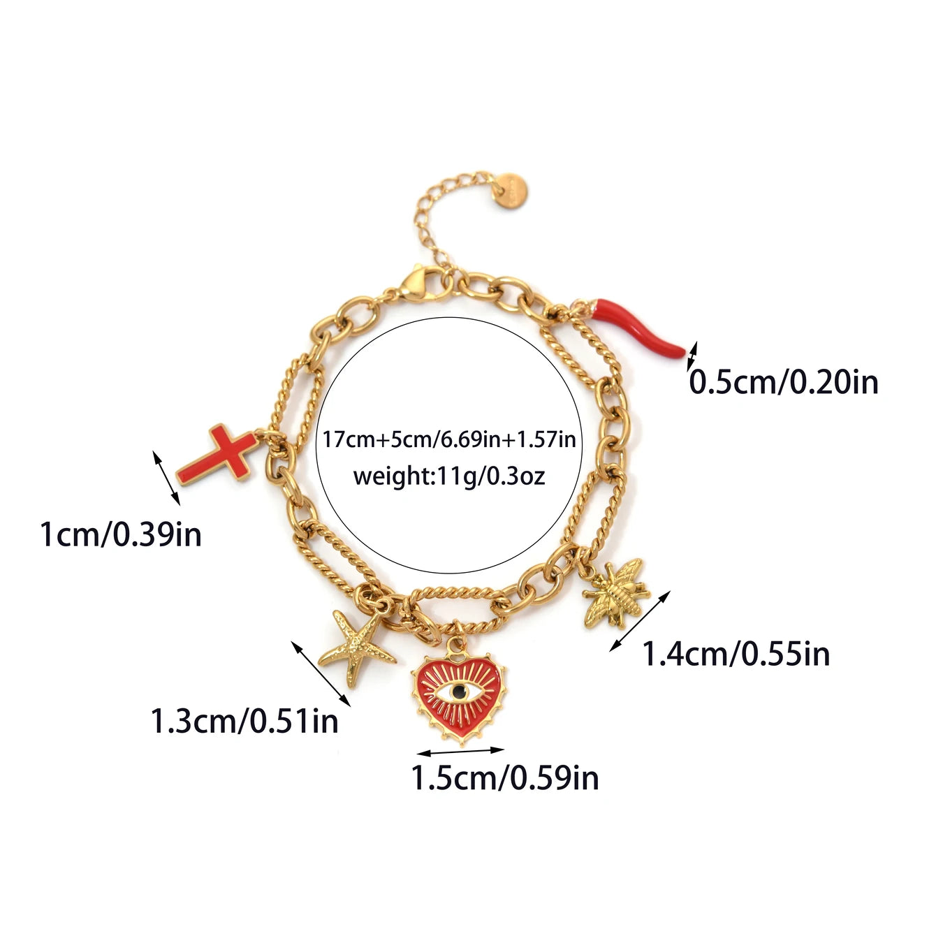 Stainless Steel Charm Bracelet For Women Playful Vintage Thread Stitching Eyes Starfish Bee Cross Pepper Charms ✨🐝⭐🌶