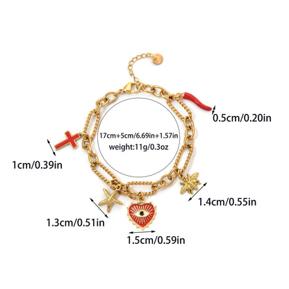 Stainless Steel Charm Bracelet For Women Playful Vintage Thread Stitching Eyes Starfish Bee Cross Pepper Charms ✨🐝⭐🌶