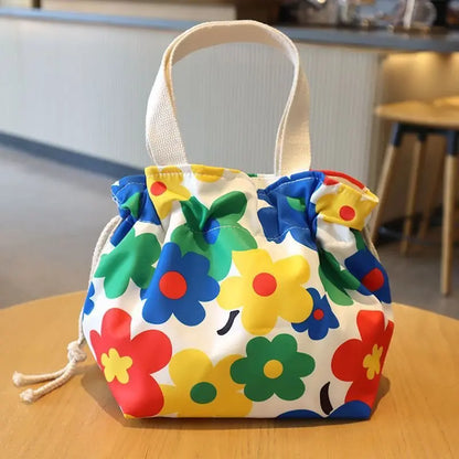 Kawaii Canvas Lunch Bag 🌸🌼 Cute Cartoon Flowers & Animals 🌈 Perfect for School & Picnics 🎒✨