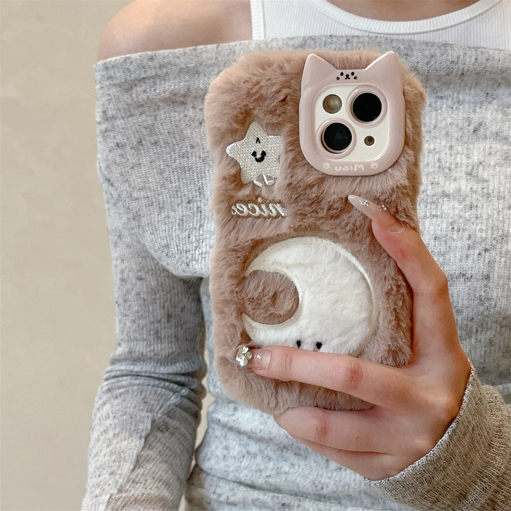 Kawaii Plush Star & Moon iPhone Case 🌙✨ | Fluffy Furry Cover for iPhone 14 15 16 Plus 13 Pro Max 11 12 | Cute Winter Accessory!