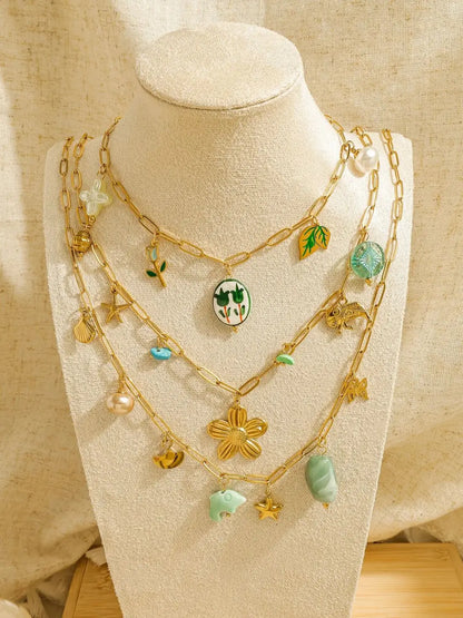 Geometric Pearl Five Point Star Necklace Green Ceramic Stone With Stainless Steel Chain Unisex Fashion Gift ✨💚