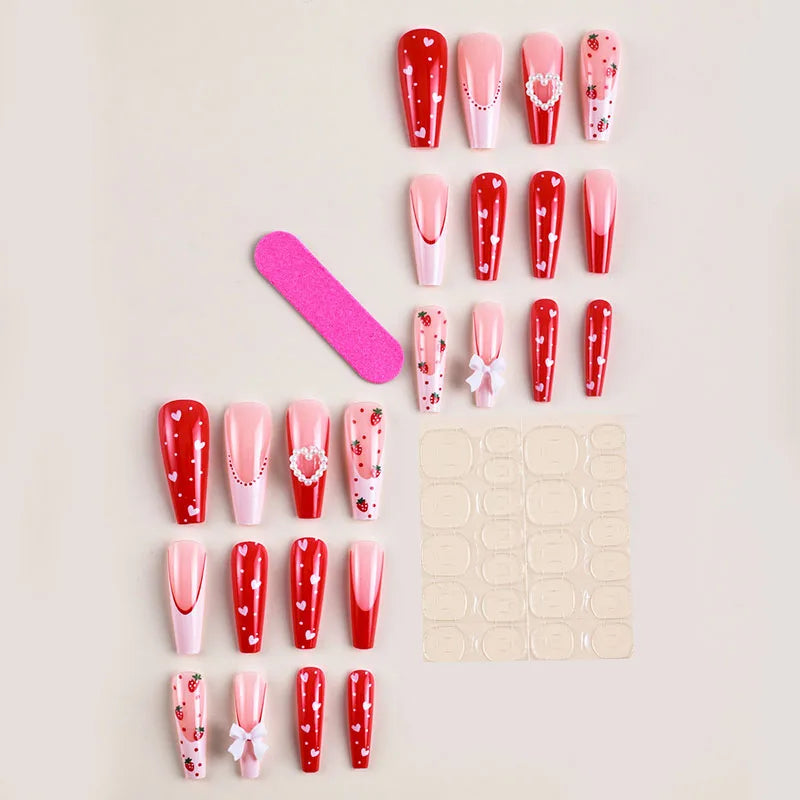 Kawaii Strawberry Heart Press-On Nails 🎀💕 - 24 Pcs Cute Pink Dot & Pearl Design for Nail Art