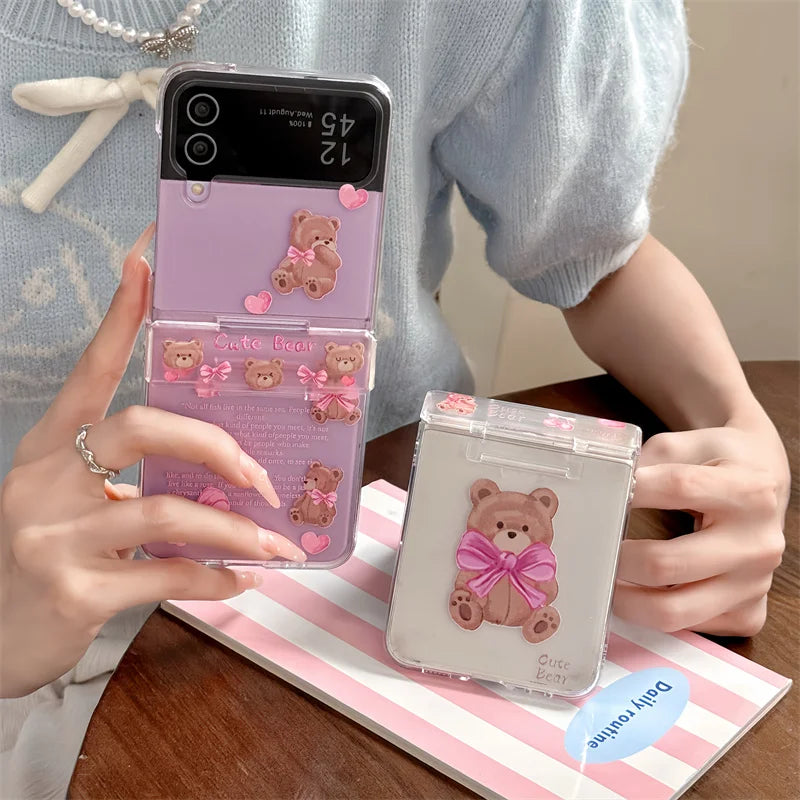 🐻✨ Adorable Bear Hinge Phone Case for Samsung Galaxy Z Flip 6/5/4/3 - Clear Cover with Chain Strap! 🌈💖