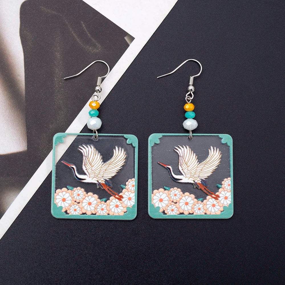 Transparent Square Acrylic Earrings With Crane Flower Design Geometric Drop 🌸