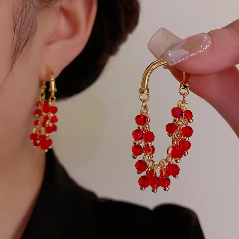 Red Crystal Beaded Tassel Earrings for Women, Elegant Luxury Jewelry ✨💖