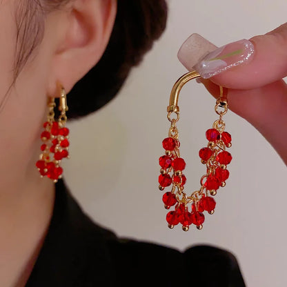 Red Crystal Beaded Tassel Earrings for Women, Elegant Luxury Jewelry ✨💖