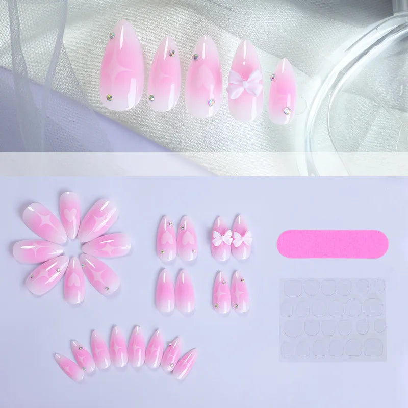 Kawaii 24Pcs Blush Pink Almond Press-On Nails 🌸✨ with 3D Bow Knot Decor - Sweet Glossy Full Cover Tips for Creative Nail Art! 💖💅