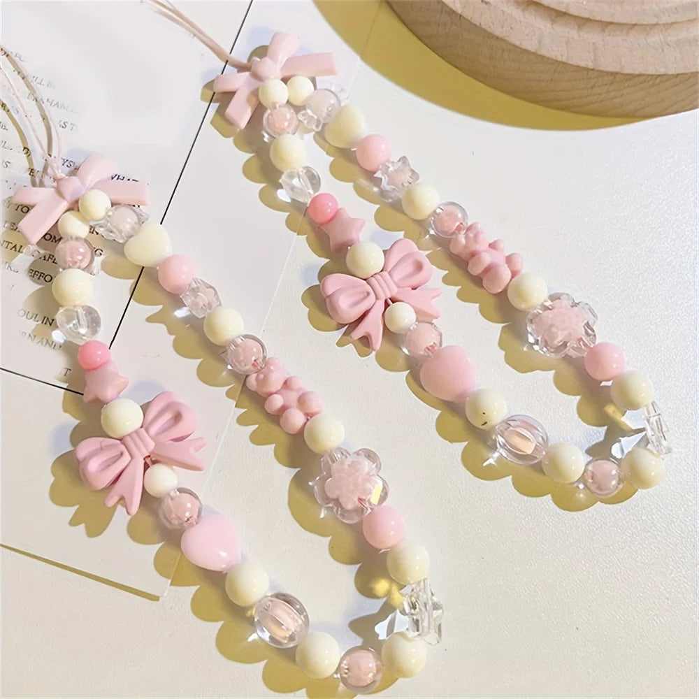 Kawaii Pink Bear & Bow Lanyard 🌸✨ Cute Pearl Phone Charm Strap for Girls❤️🦄