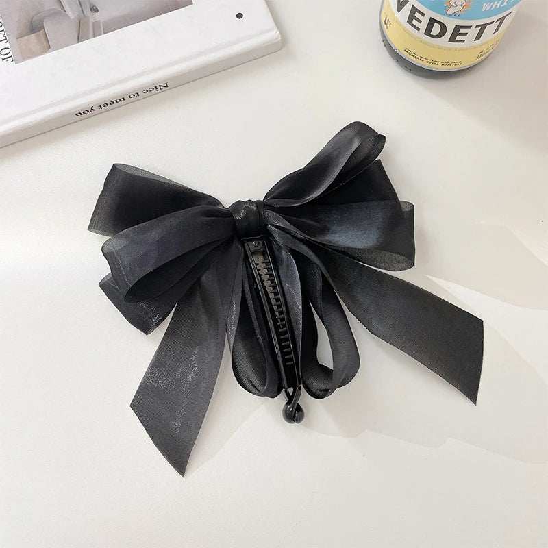 Charming Chiffon Bow Banana Clip 🎀✨ for High Ponytails – Vintage Style Hair Accessory 🐒🌸 - Pixie Quill