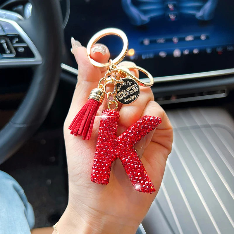 Red English Letter Car Keychain With Diamond Bag Pendant 🗝️💎✨