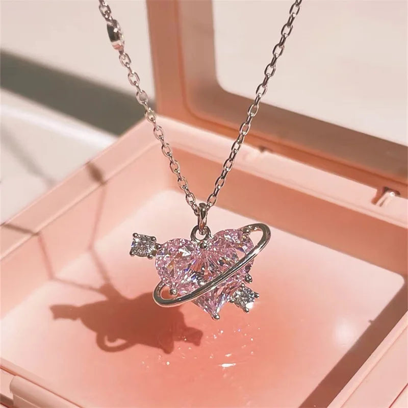 Kawaii Pink Planet Heart Zircon Pendant Necklace 🌟💖 | Trendy Clavicle Chain for Fashionable Women | Perfect Valentine's Day Gift 🎁✨