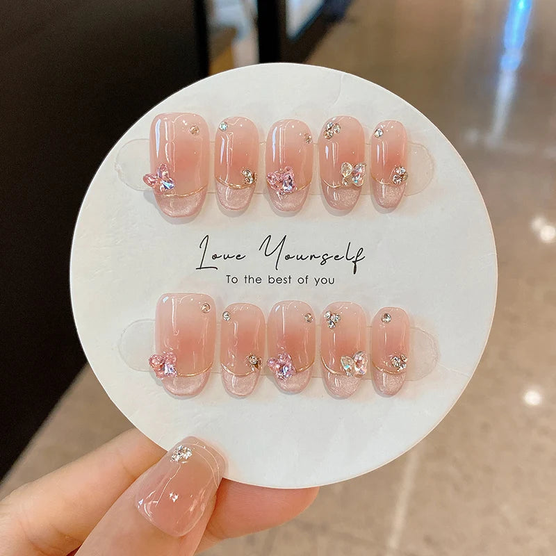 Kawaii Pink Butterfly Press-On Nails 🌸✨ | 10Pcs Almond-Shaped Nail Art with Rhinestones 🦋💖