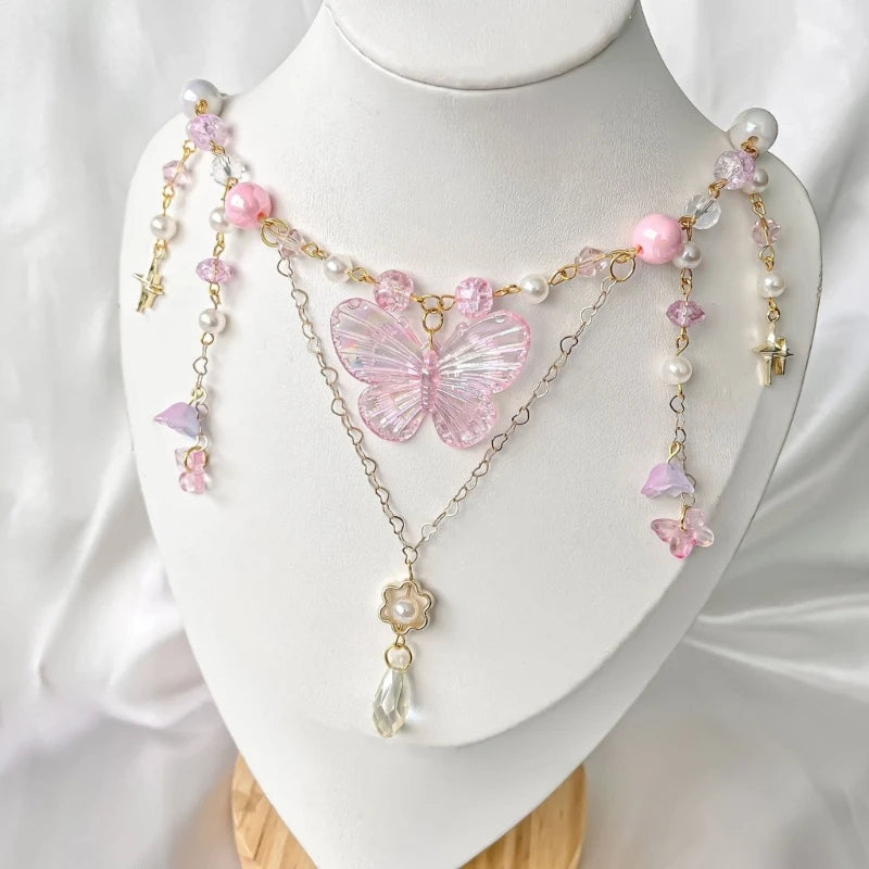 Kawaii Beaded Butterfly Charm Necklace 🌸✨ | Adjustable Trendy Pendant for Women 🦋💖