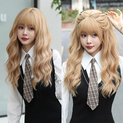 Kawaii Dreamy Sakura Pink Wavy Wig 🌸✨ | High-Density Curly Hair with Bangs for Sweet Girls 💖🎀