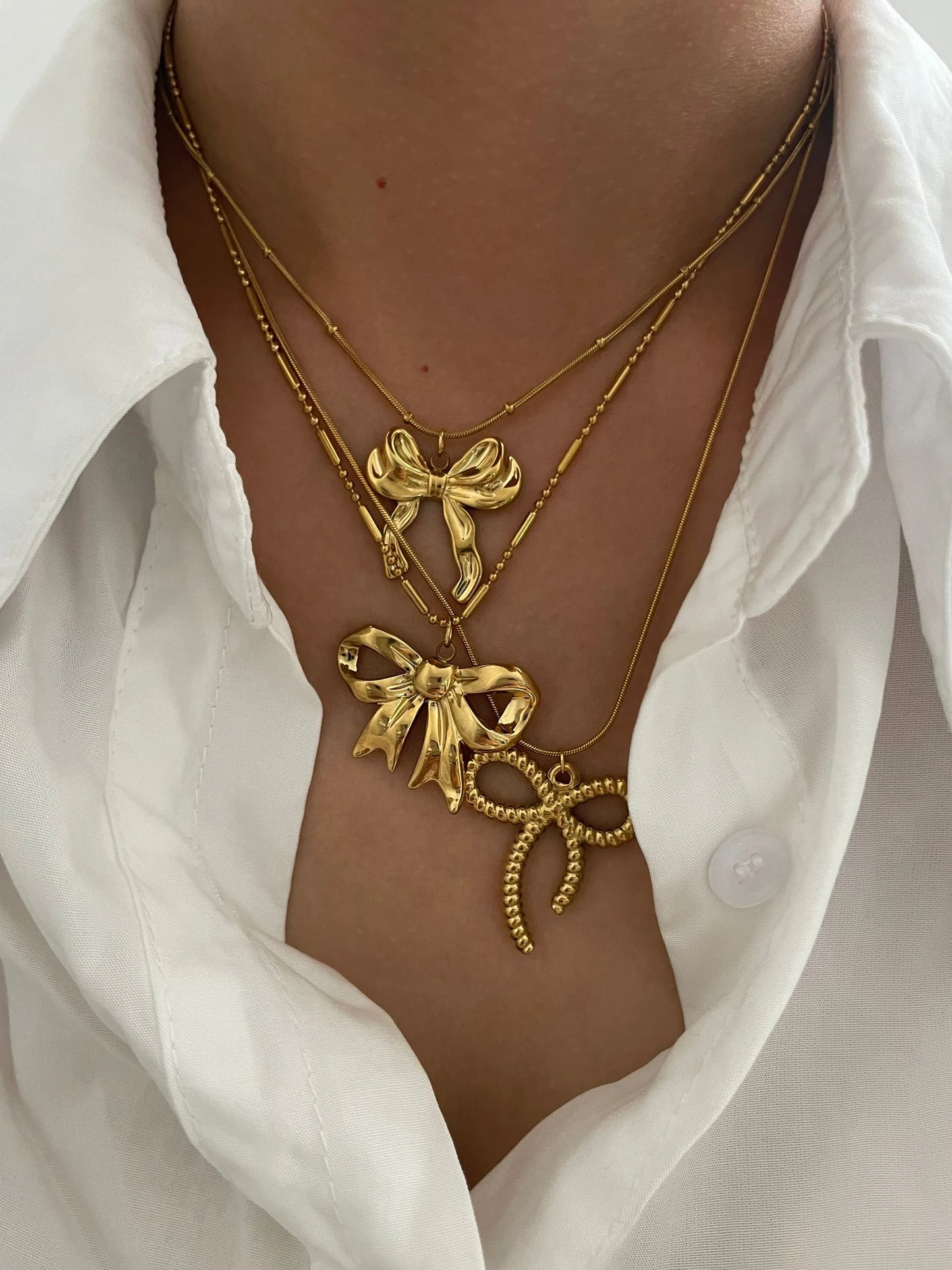 Charming Kawaii Gold Bow Knot Pendant Necklace 🌟✨ | Waterproof Stainless Steel Summer Jewelry for Women 💖