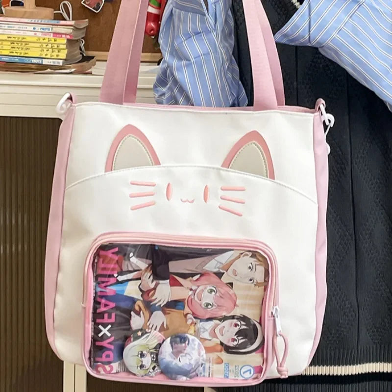 Kawaii Cat Love 💖✨ Large Nylon Ita Shoulder Bag - Versatile Crossbody Handbag with Transparent DIY Pocket 🐾🌈