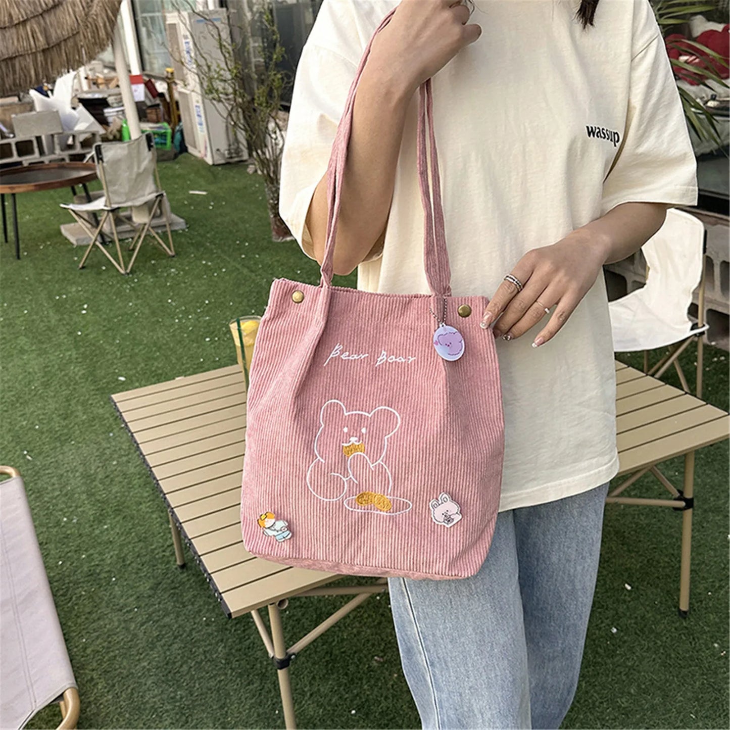 Kawaii Bear Corduroy Tote Bag - Whimsical and Foldable Shopping Companion! 🐻✨