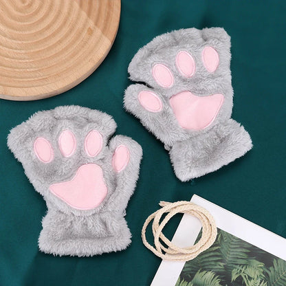 Kawaii Cat Paw Half Finger Gloves 🐾❄️ Cozy & Cute Fluffy Design!