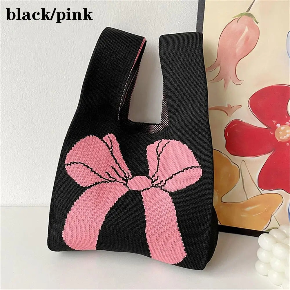 🌸 Adorable Bow-Tie Knit Tote 💖 Handmade Wrist Bag for Trendy Girls 🌈 - Pixie Quill